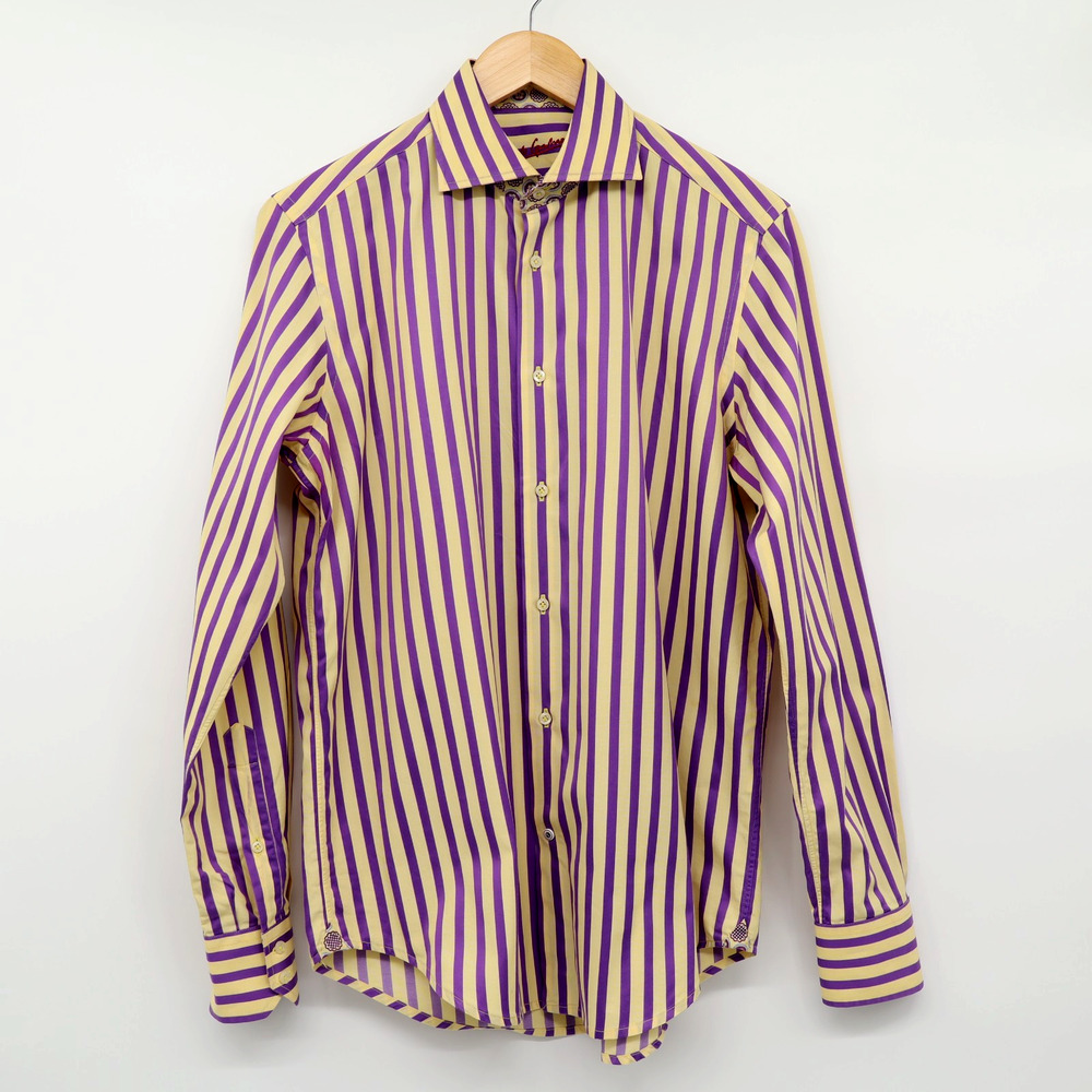 Robert Graham Long Sleeve Button Up Flip Cuff Purple/Yellow Striped Shirt Sz M